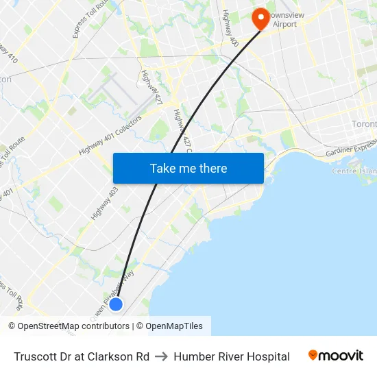 Truscott Dr at Clarkson Rd to Humber River Hospital map