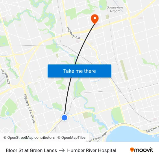 Bloor St at Green Lanes to Humber River Hospital map
