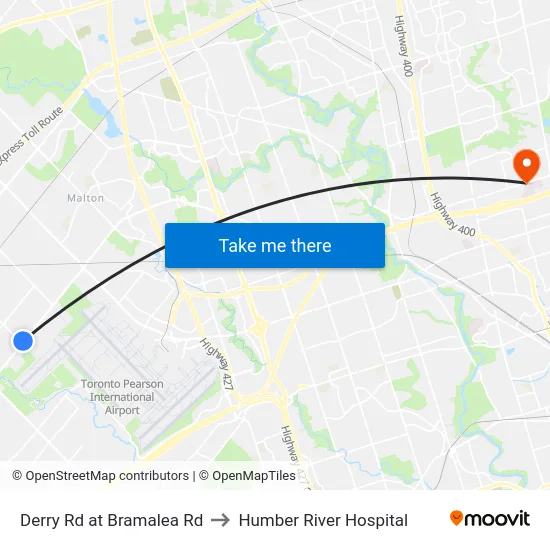 Derry Rd at Bramalea Rd to Humber River Hospital map