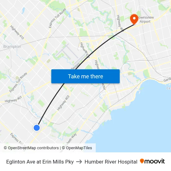 Eglinton Ave at Erin Mills Pky to Humber River Hospital map
