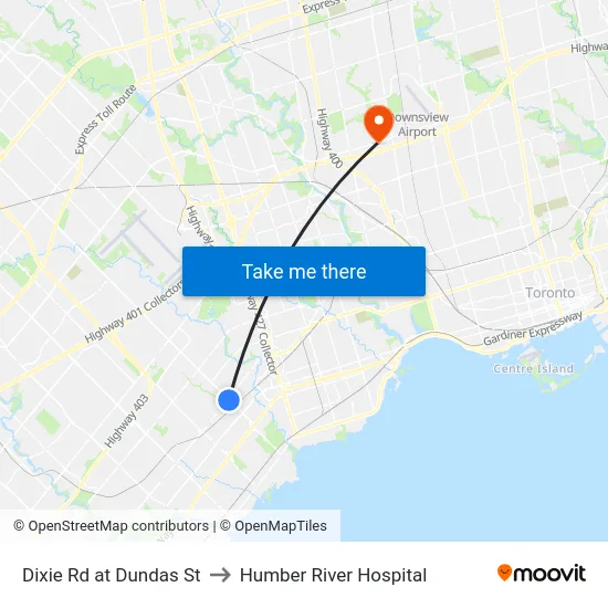 Dixie Rd at Dundas St to Humber River Hospital map