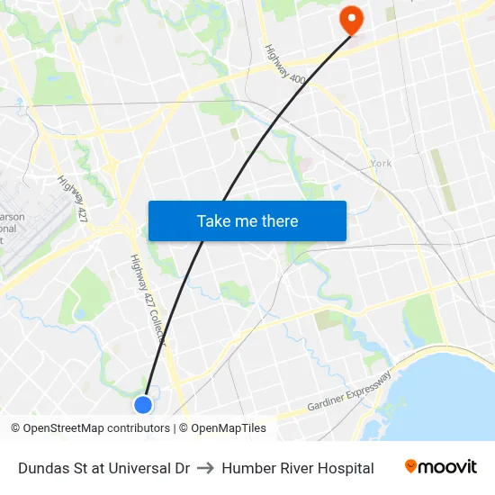 Dundas St at Universal Dr to Humber River Hospital map