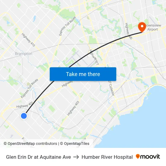 Glen Erin Dr at Aquitaine Ave to Humber River Hospital map