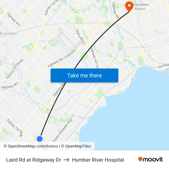 Laird Rd at Ridgeway Dr to Humber River Hospital map