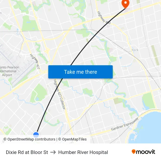 Dixie Rd at Bloor St to Humber River Hospital map