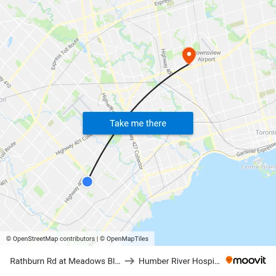 Rathburn Rd at Meadows Blvd to Humber River Hospital map