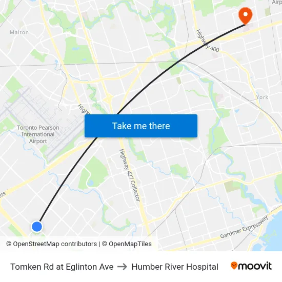 Tomken Rd at Eglinton Ave to Humber River Hospital map