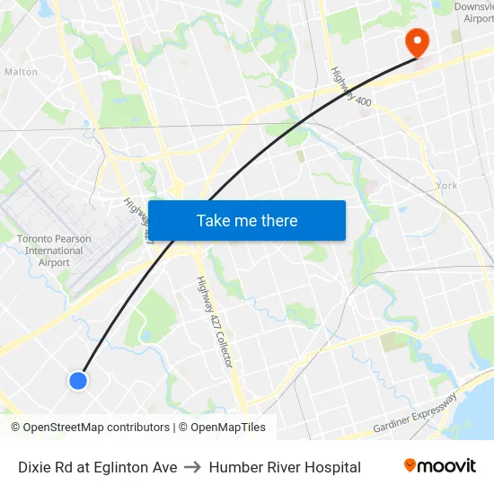 Dixie Rd at Eglinton Ave to Humber River Hospital map
