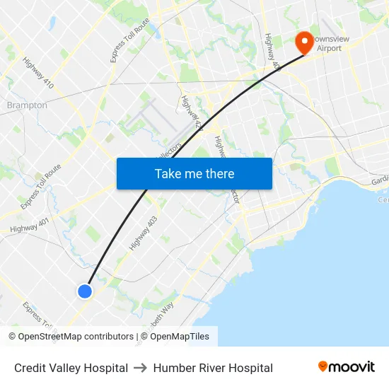 Credit Valley Hospital to Humber River Hospital map
