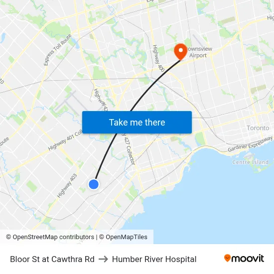 Bloor St at Cawthra Rd to Humber River Hospital map