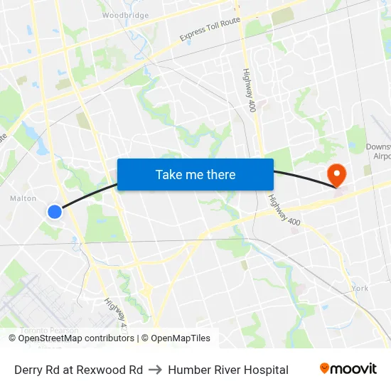 Derry Rd at Rexwood Rd to Humber River Hospital map