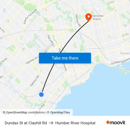 Dundas St at Clayhill Rd to Humber River Hospital map