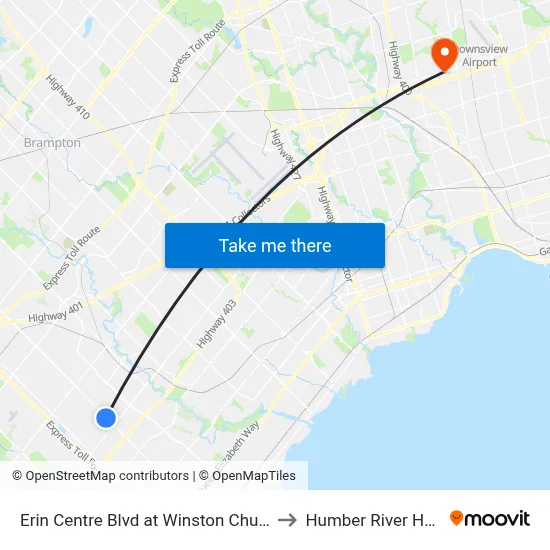 Erin Centre Blvd at Winston Churchill Blvd to Humber River Hospital map