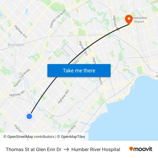 Thomas St at Glen Erin Dr to Humber River Hospital map