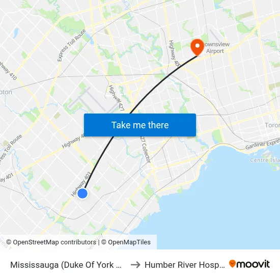 Mississauga (Duke Of York Blvd) to Humber River Hospital map