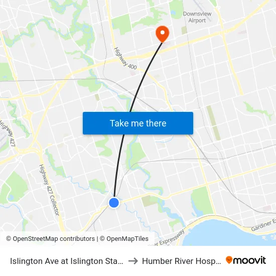 Islington Ave at Islington Station to Humber River Hospital map