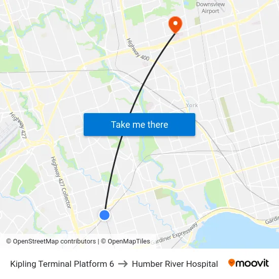 Kipling Terminal Platform 6 to Humber River Hospital map