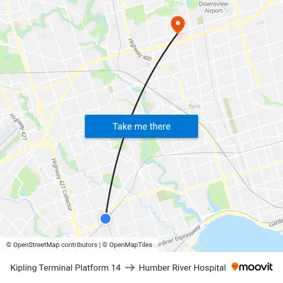 Kipling Terminal Platform 14 to Humber River Hospital map