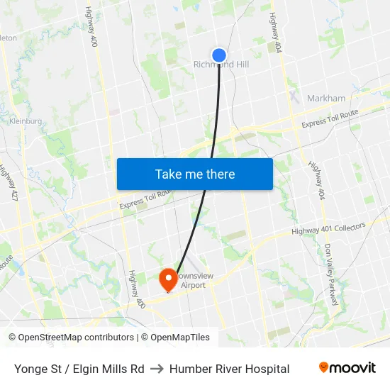 Yonge St / Elgin Mills Rd to Humber River Hospital map
