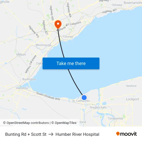 Bunting Rd + Scott St to Humber River Hospital map