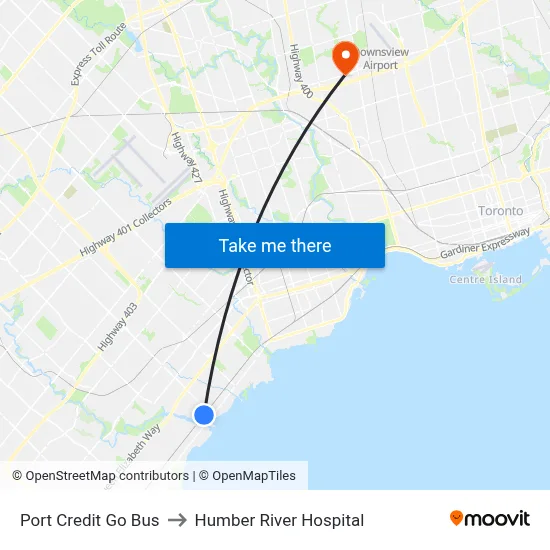 Port Credit Go Bus to Humber River Hospital map