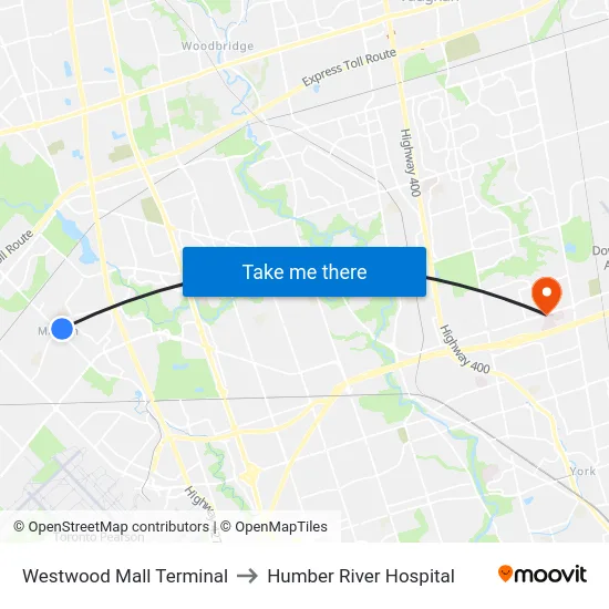 Westwood Mall Terminal to Humber River Hospital map