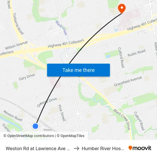 Weston Rd at Lawrence Ave West to Humber River Hospital map