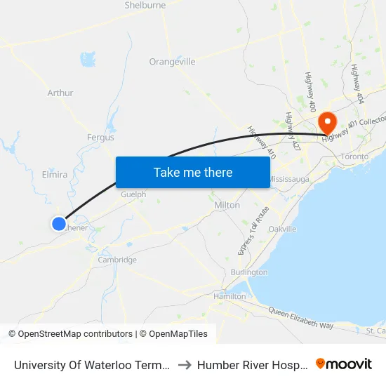 University Of Waterloo Terminal to Humber River Hospital map
