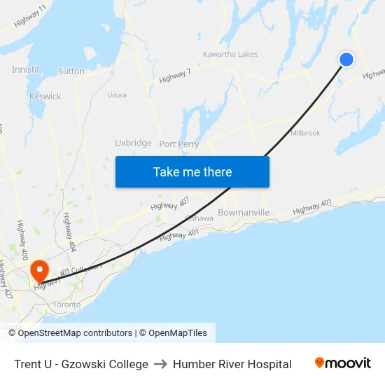 Trent U - Gzowski College to Humber River Hospital map