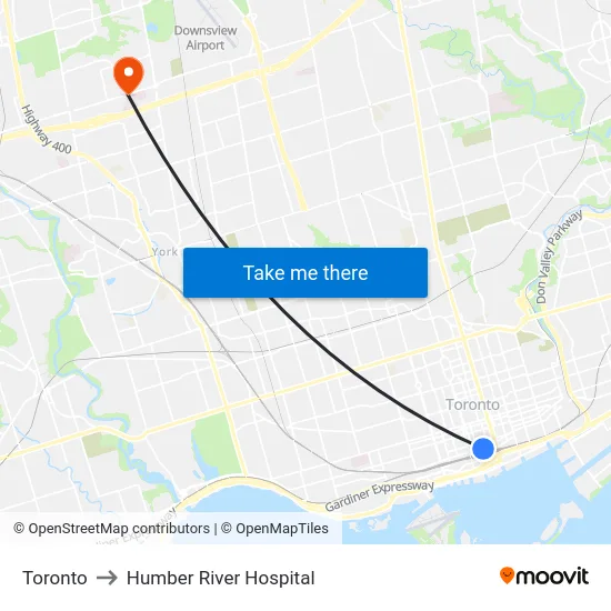 Toronto to Humber River Hospital map
