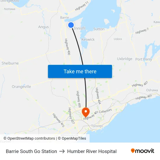 Barrie South Go Station to Humber River Hospital map