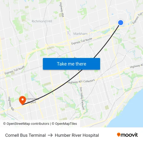 Cornell Bus Terminal to Humber River Hospital map