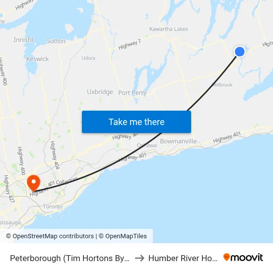 Peterborough (Tim Hortons Byersville) to Humber River Hospital map