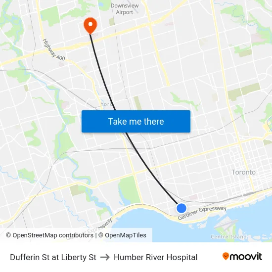 Dufferin St at Liberty St to Humber River Hospital map