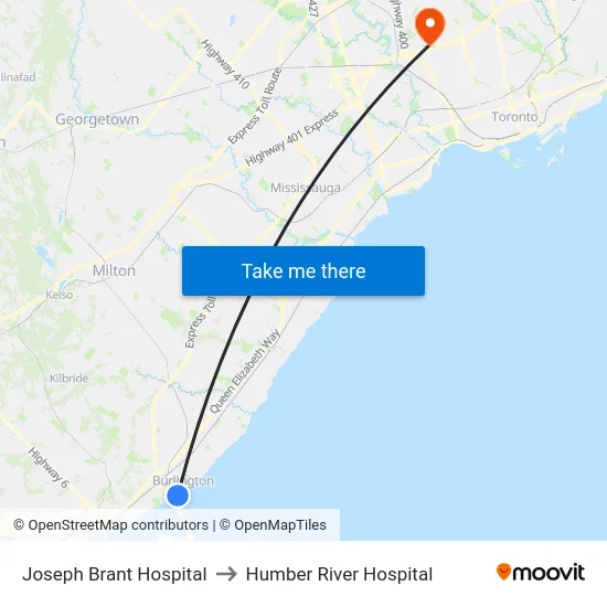 Joseph Brant Hospital to Humber River Hospital map
