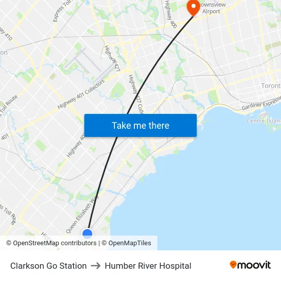 Clarkson Go Station to Humber River Hospital map