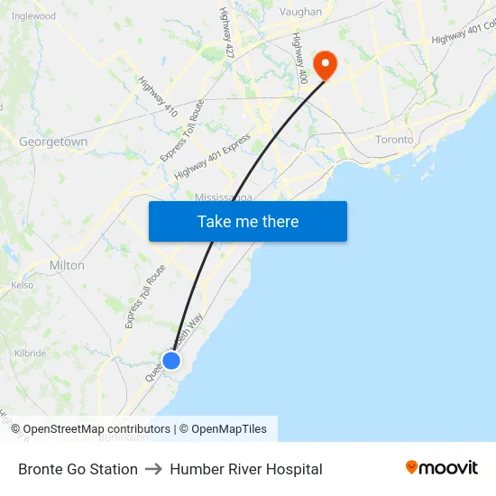 Bronte Go Station to Humber River Hospital map