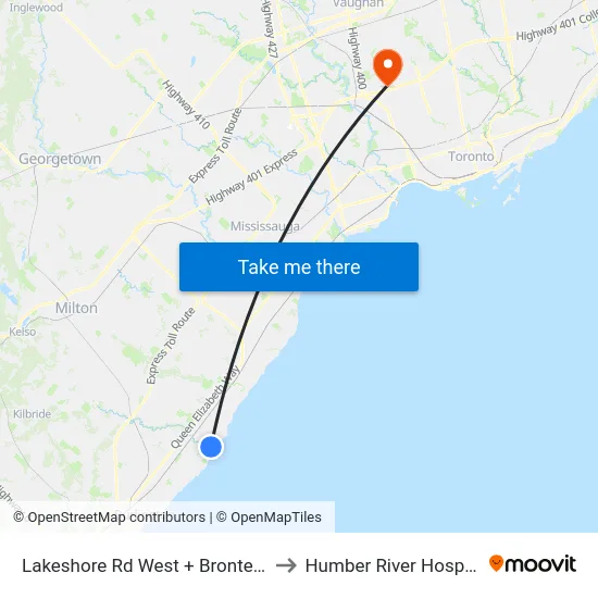 Lakeshore Rd West + Bronte Rd to Humber River Hospital map