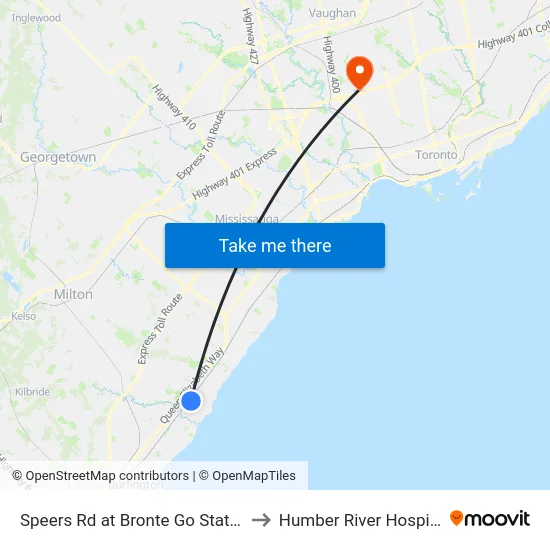 Speers Rd at Bronte Go Station to Humber River Hospital map
