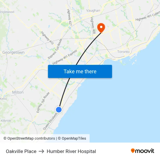 Oakville Place to Humber River Hospital map