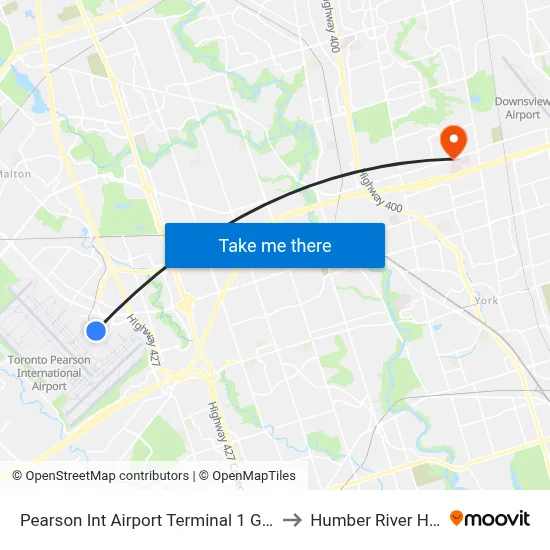 Pearson Int Airport Terminal 1 Ground Level to Humber River Hospital map