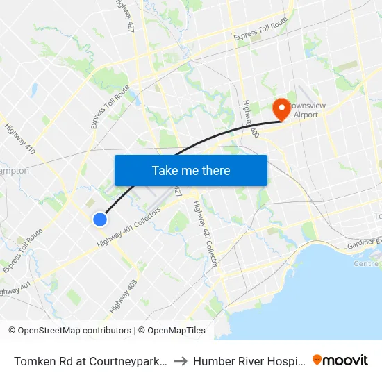 Tomken Rd at Courtneypark Dr to Humber River Hospital map