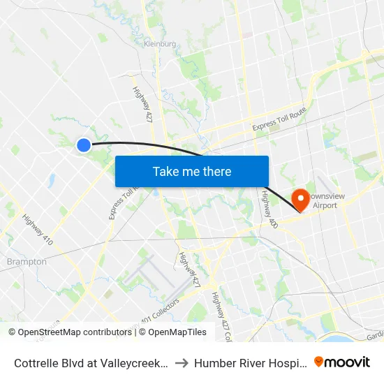 Cottrelle Blvd at Valleycreek Dr to Humber River Hospital map