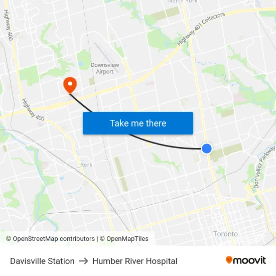 Davisville Station to Humber River Hospital map