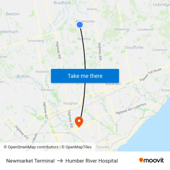 Newmarket Terminal to Humber River Hospital map