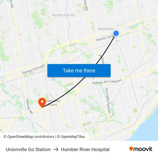 Unionville Go Station to Humber River Hospital map