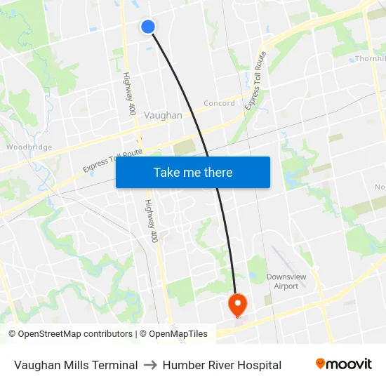Vaughan Mills Terminal to Humber River Hospital map