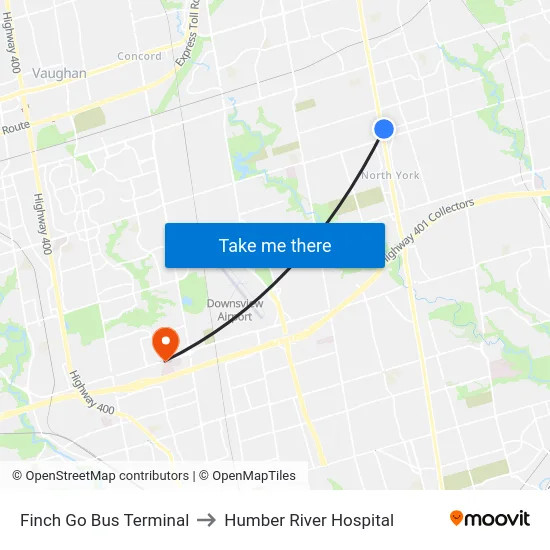 Finch Go Bus Terminal to Humber River Hospital map