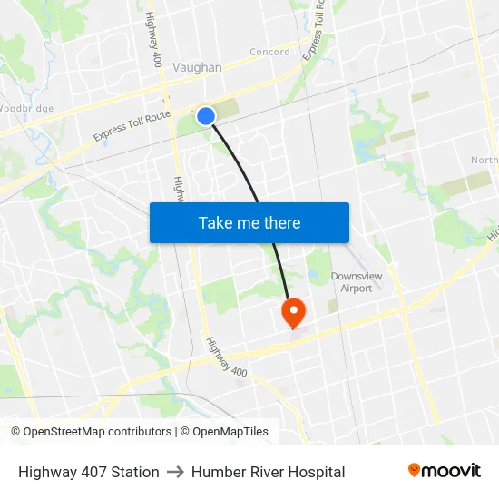 Highway 407 Station to Humber River Hospital map
