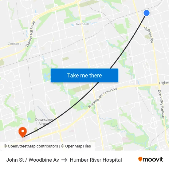 John St / Woodbine Av to Humber River Hospital map